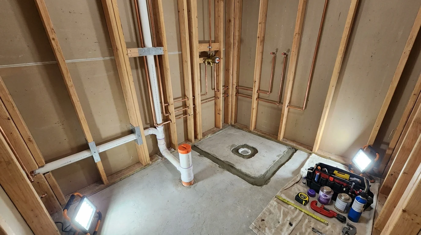 Bathroom rough-in plumbing during remodel by Johns Plumbing LLC in Horseshoe Bay