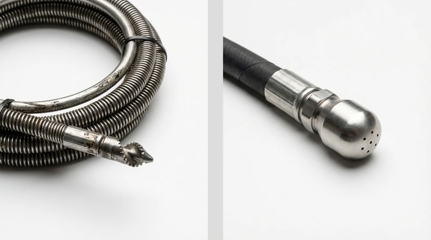 Drain snake cable and hydro jetting nozzle used for drain cleaning in Horseshoe Bay, TX