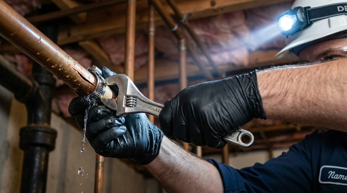 Emergency pipe clamp repair being performed by a Johns Plumbing LLC plumber in Horseshoe Bay