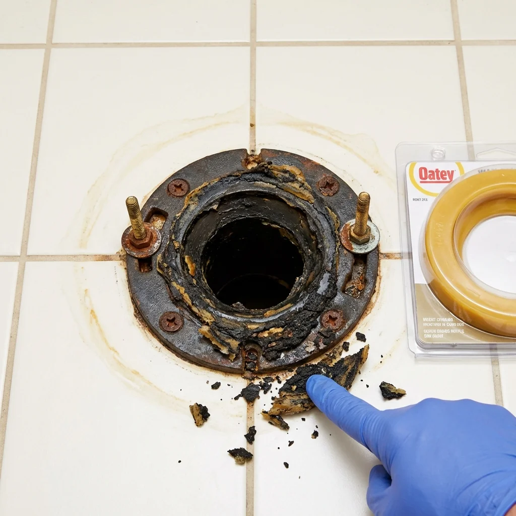 Failed wax ring showing water seepage at the base of a toilet in a Horseshoe Bay, TX home