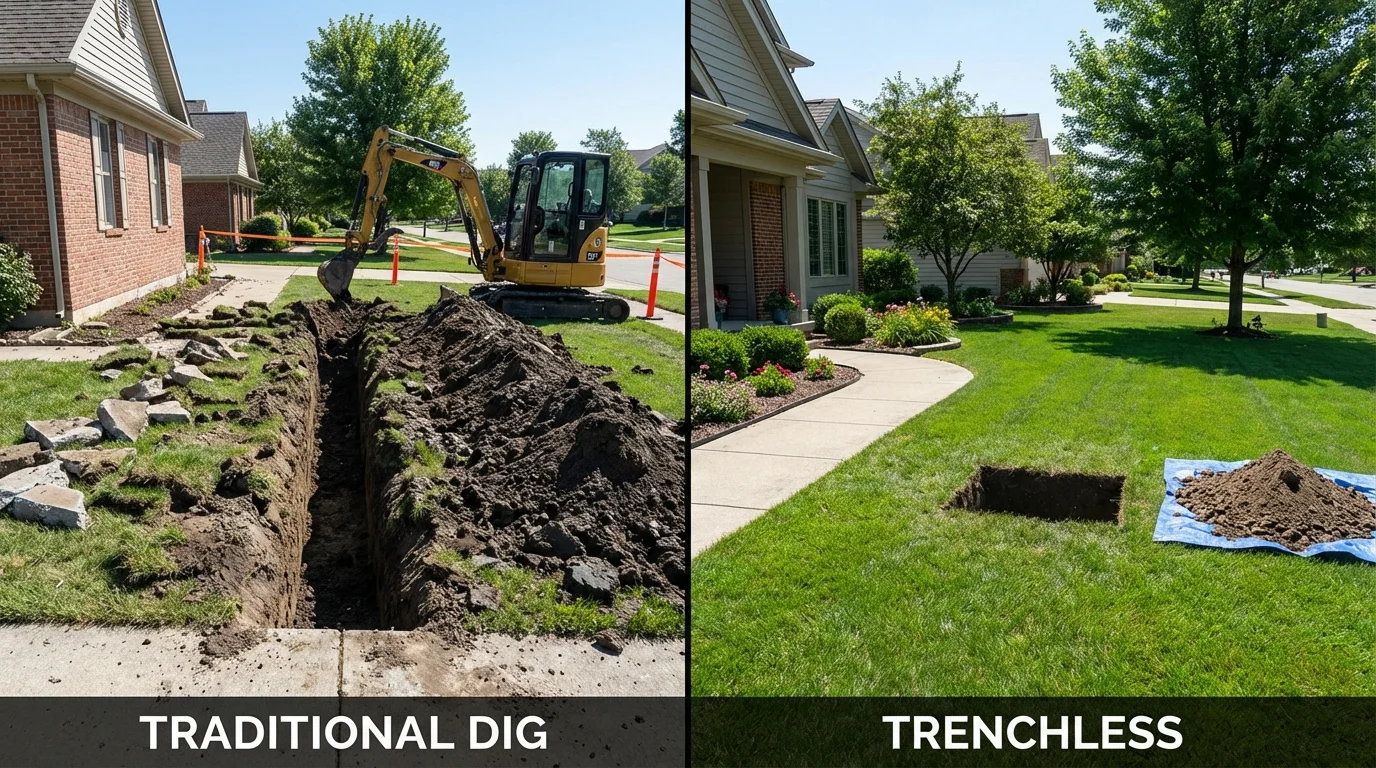 Trenchless sewer repair with minimal yard damage versus traditional excavation in Horseshoe Bay, TX
