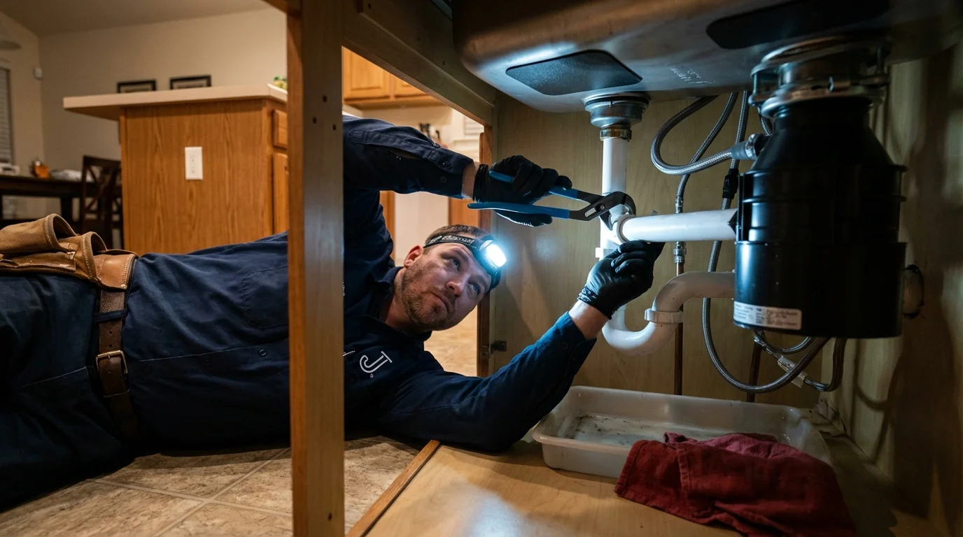 P-trap and supply line connections under a kitchen sink showing a common leak point in Horseshoe Bay, TX